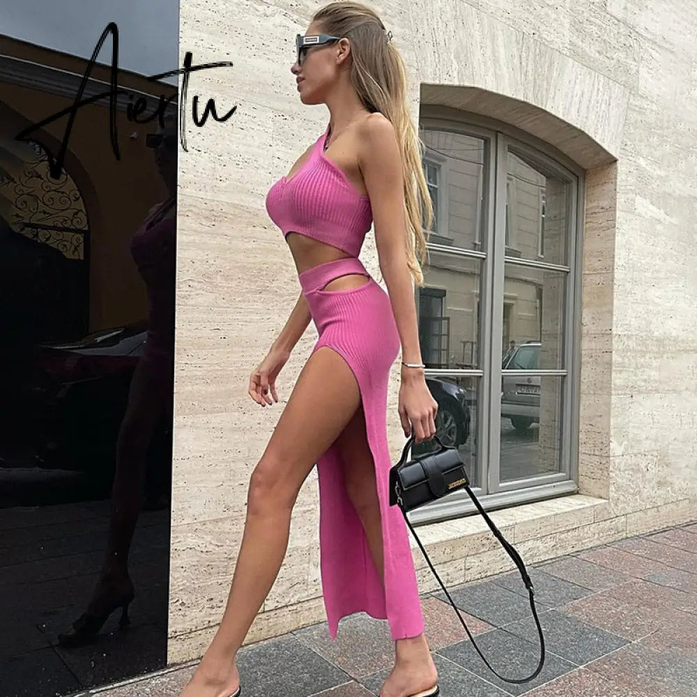 Chic Women Skirts Suits Solid Color Two-piece Sets One-shoulder Bra Crop Tops and High Waist Cut Out Slit Skirt Clubwear Aiertu