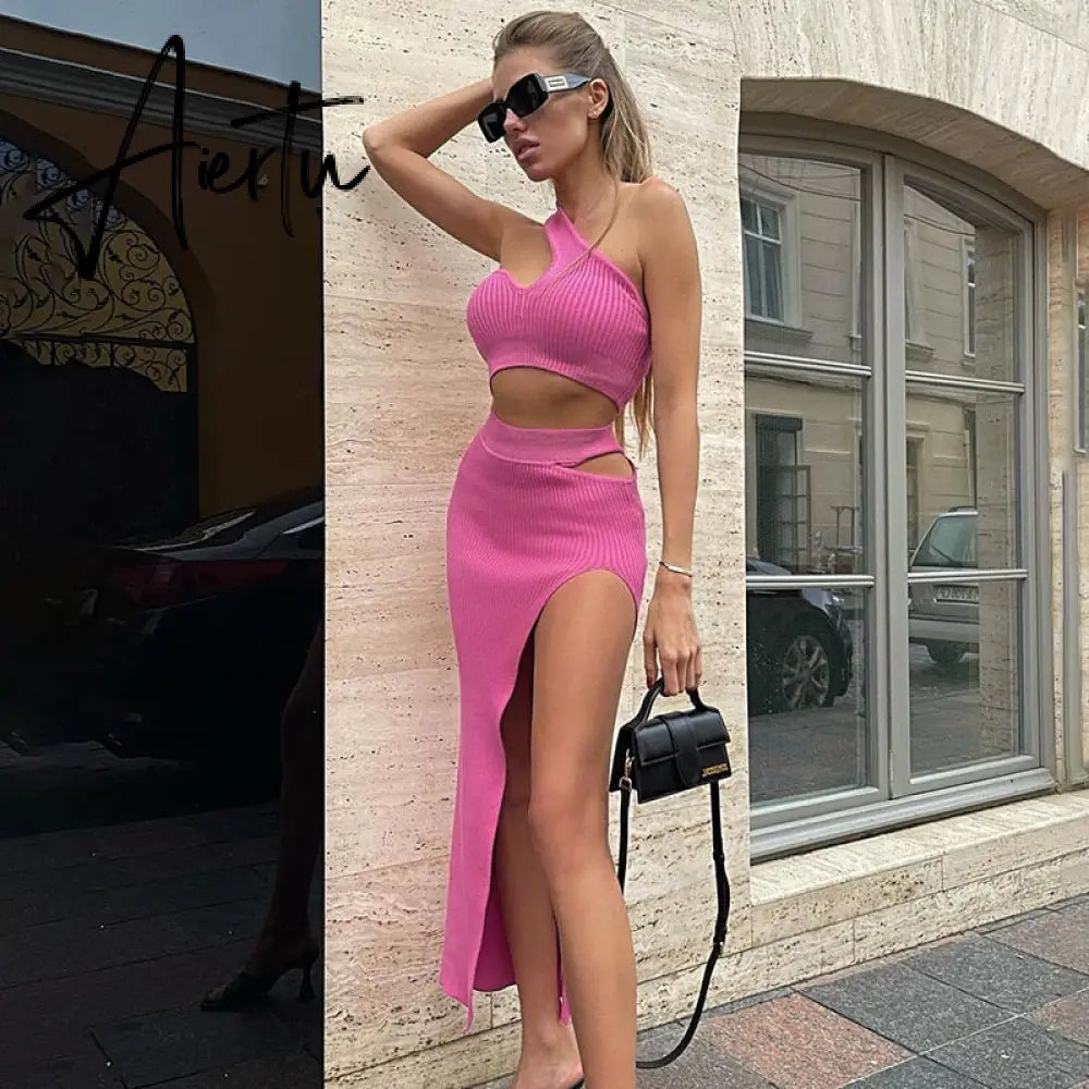 Chic Women Skirts Suits Solid Color Two-piece Sets One-shoulder Bra Crop Tops and High Waist Cut Out Slit Skirt Clubwear Aiertu