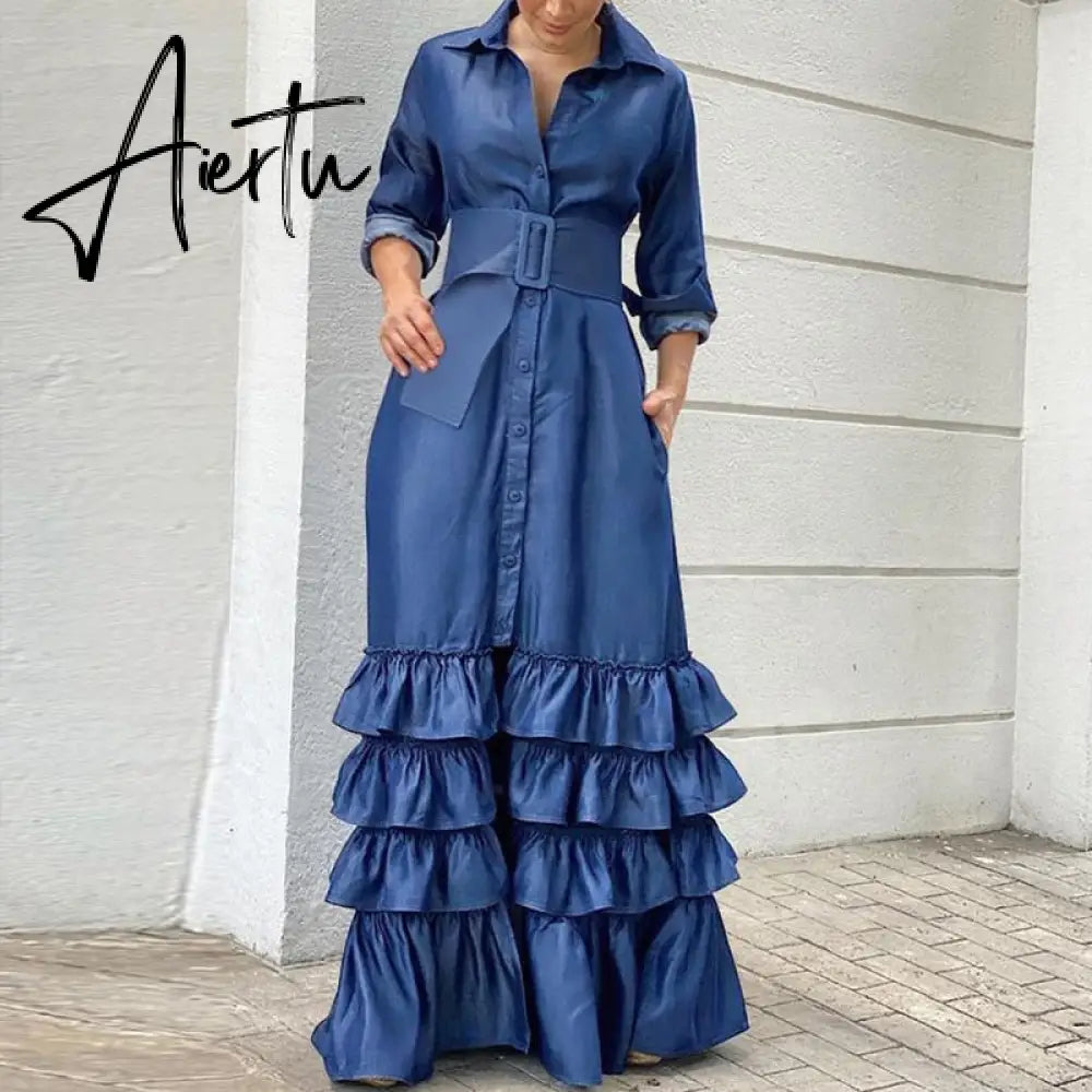 Chic Women Waist Split Shirt Dress Autumn Solid Lapel Long Sleeve Dress Fashion Single-breasted Cake Layered Long Dress Cover Up Aiertu