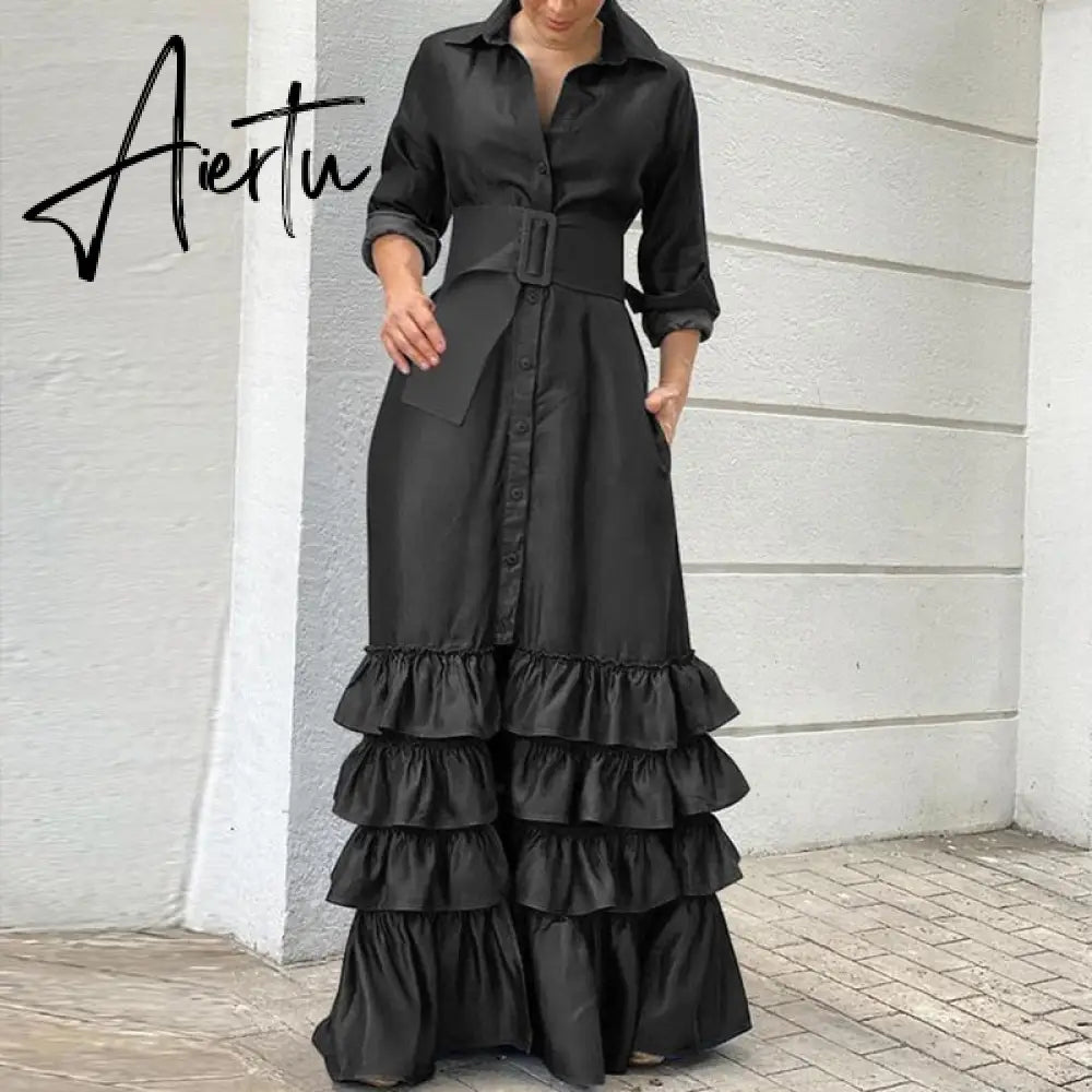 Chic Women Waist Split Shirt Dress Autumn Solid Lapel Long Sleeve Dress Fashion Single-breasted Cake Layered Long Dress Cover Up Aiertu