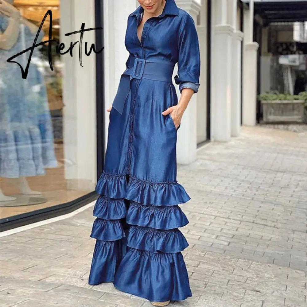 Chic Women Waist Split Shirt Dress Autumn Solid Lapel Long Sleeve Dress Fashion Single-breasted Cake Layered Long Dress Cover Up Aiertu