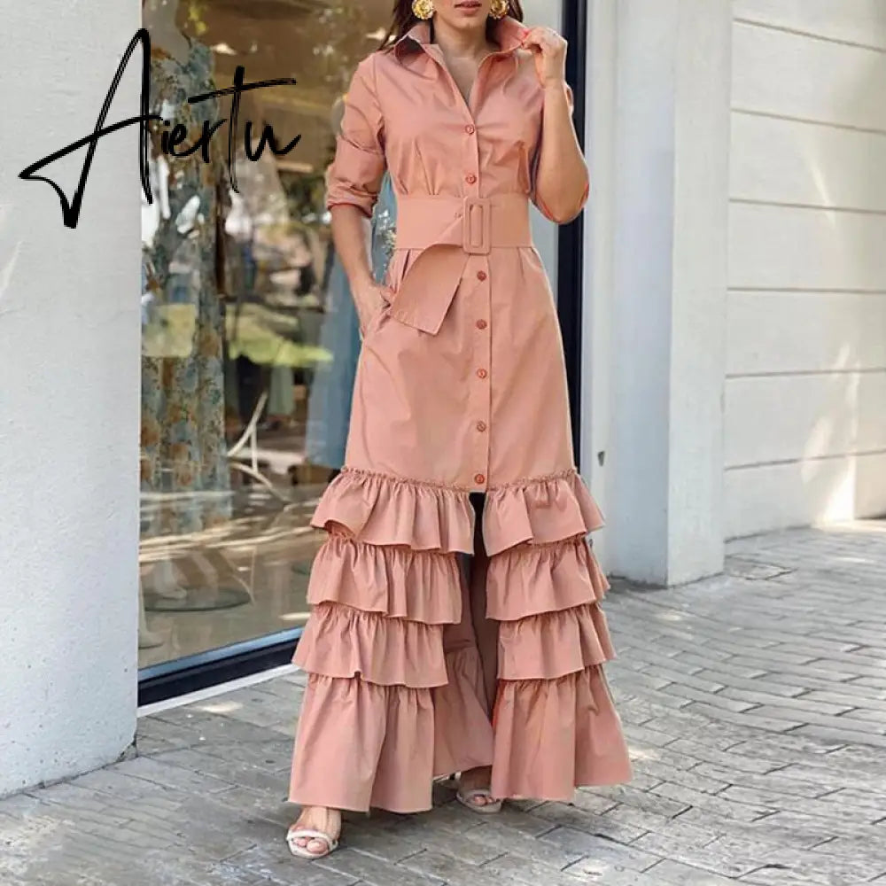 Chic Women Waist Split Shirt Dress Autumn Solid Lapel Long Sleeve Dress Fashion Single-breasted Cake Layered Long Dress Cover Up Aiertu