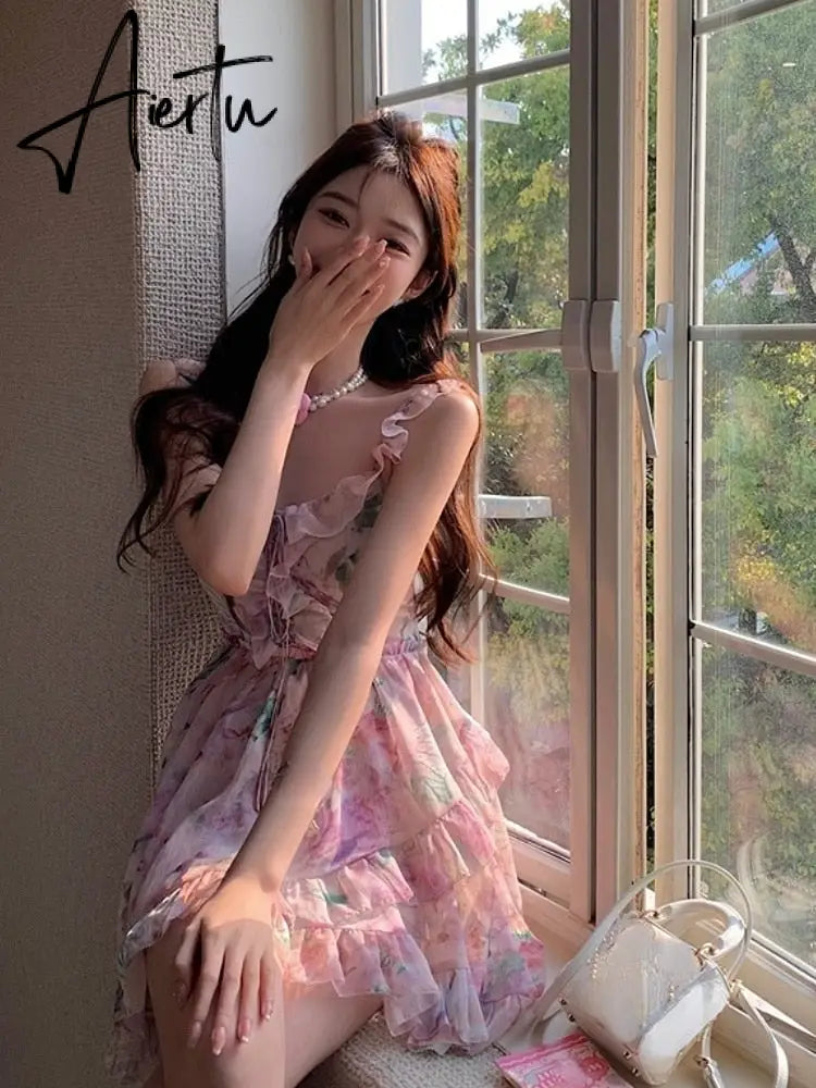 Chiffon Print France Vintage Dress Women Bandage Elegant Sweet Party Mini Dress Female Floral Korean Fashion Strap Dress Summer Aiertu
