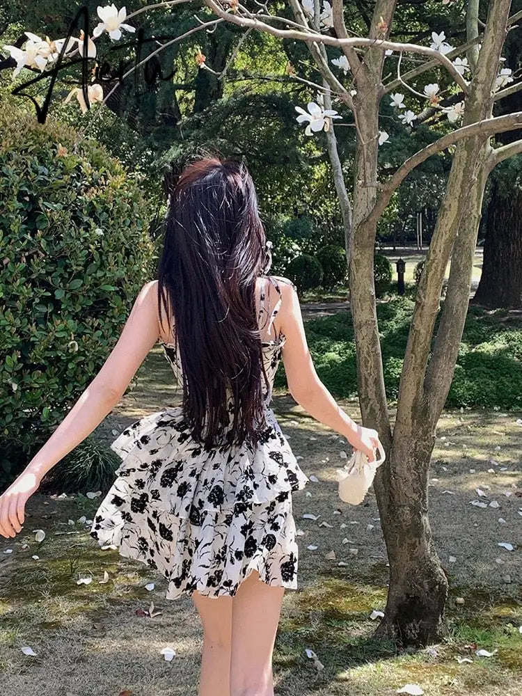 Chiffon Print France Vintage Dress Women Bandage Elegant Sweet Party Mini Dress Female Floral Korean Fashion Strap Dress Summer Aiertu
