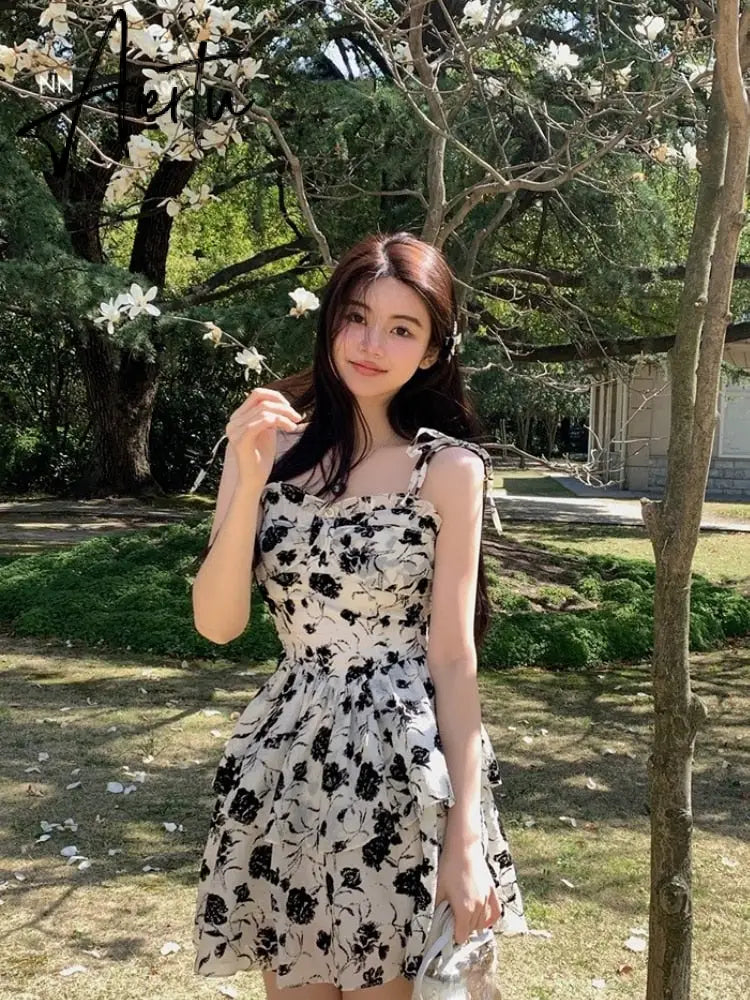Chiffon Print France Vintage Dress Women Bandage Elegant Sweet Party Mini Dress Female Floral Korean Fashion Strap Dress Summer Aiertu