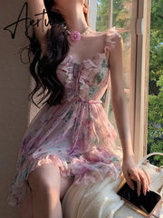 Chiffon Print France Vintage Dress Women Bandage Elegant Sweet Party Mini Dress Female Floral Korean Fashion Strap Dress Summer Aiertu