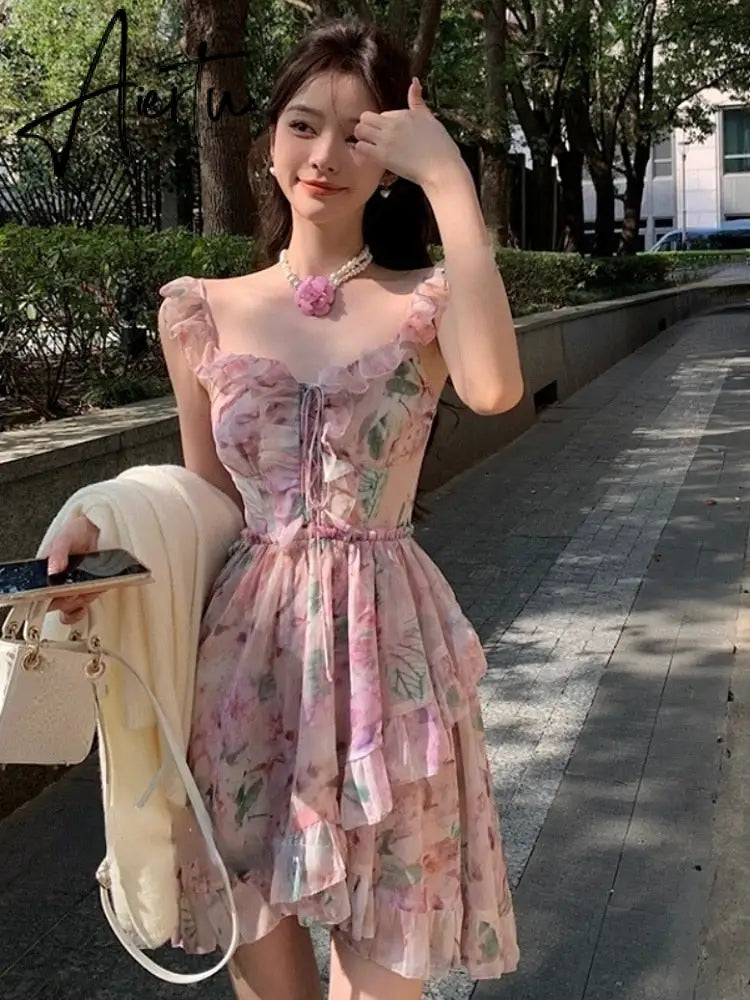 Chiffon Print France Vintage Dress Women Bandage Elegant Sweet Party Mini Dress Female Floral Korean Fashion Strap Dress Summer Aiertu