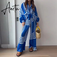 Chiffon Stripe Print Pants Set Loose Women Pajamas Lace Up Long Sleeve Shirt 2 Pieces Set Sleepwear Female Wide Leg Pants Suit Aiertu