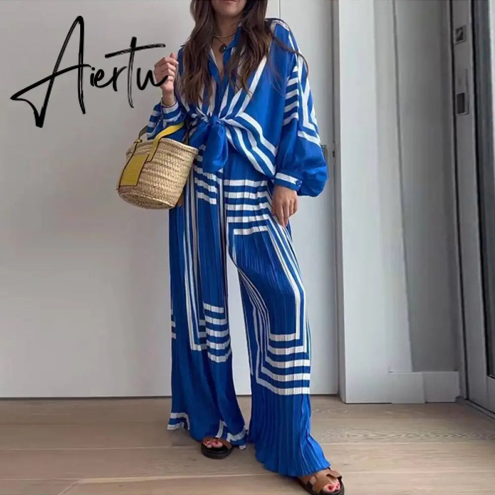 Chiffon Stripe Print Pants Set Loose Women Pajamas Lace Up Long Sleeve Shirt 2 Pieces Set Sleepwear Female Wide Leg Pants Suit Aiertu