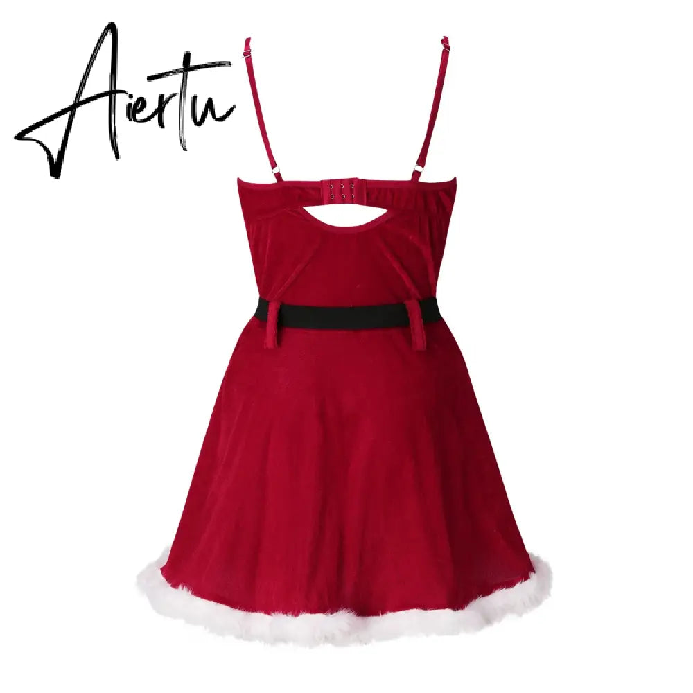 Christmas Babydoll Dress Women's Underwear Sexy Lace Lingerie V-neck Sleeveless Strap Nightdress Sexy Backless Nightie Sleepwear Aiertu