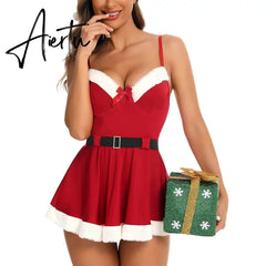 Christmas Babydoll Dress Women's Underwear Sexy Lace Lingerie V-neck Sleeveless Strap Nightdress Sexy Backless Nightie Sleepwear Aiertu