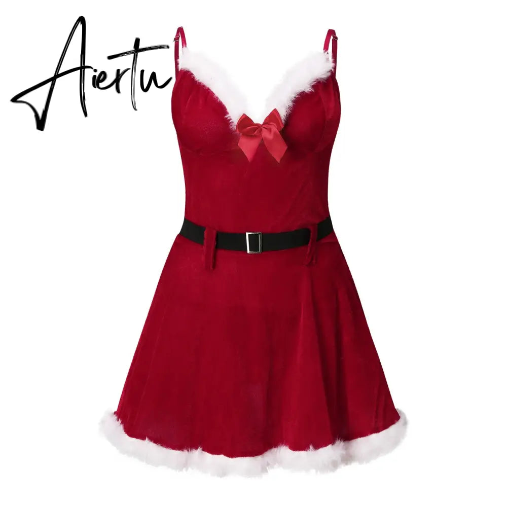 Christmas Babydoll Dress Women's Underwear Sexy Lace Lingerie V-neck Sleeveless Strap Nightdress Sexy Backless Nightie Sleepwear Aiertu