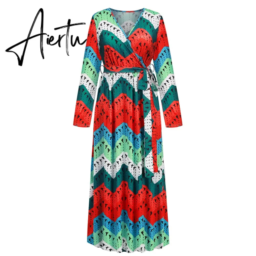 Christmas Print Long Dress for Women Autumn V-neck Knitting  A-LINE Belt Slim Ankle-Length Aiertu