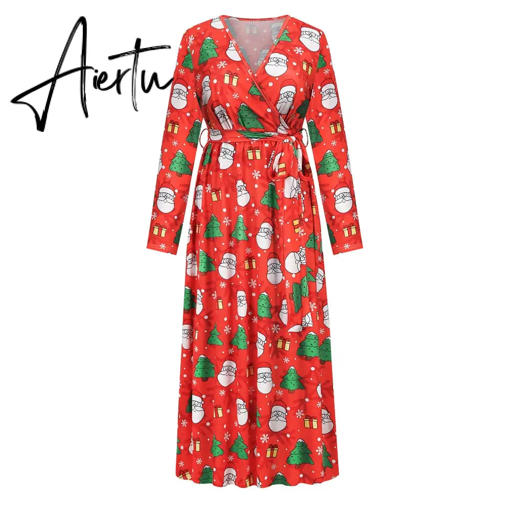 Christmas Print Long Dress for Women Autumn V-neck Knitting  A-LINE Belt Slim Ankle-Length Aiertu