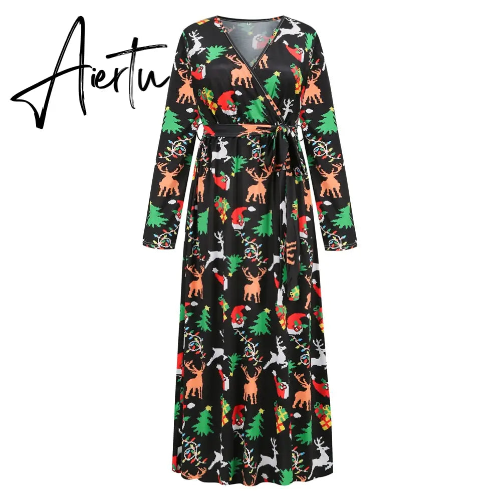 Christmas Print Long Dress for Women Autumn V-neck Knitting  A-LINE Belt Slim Ankle-Length Aiertu