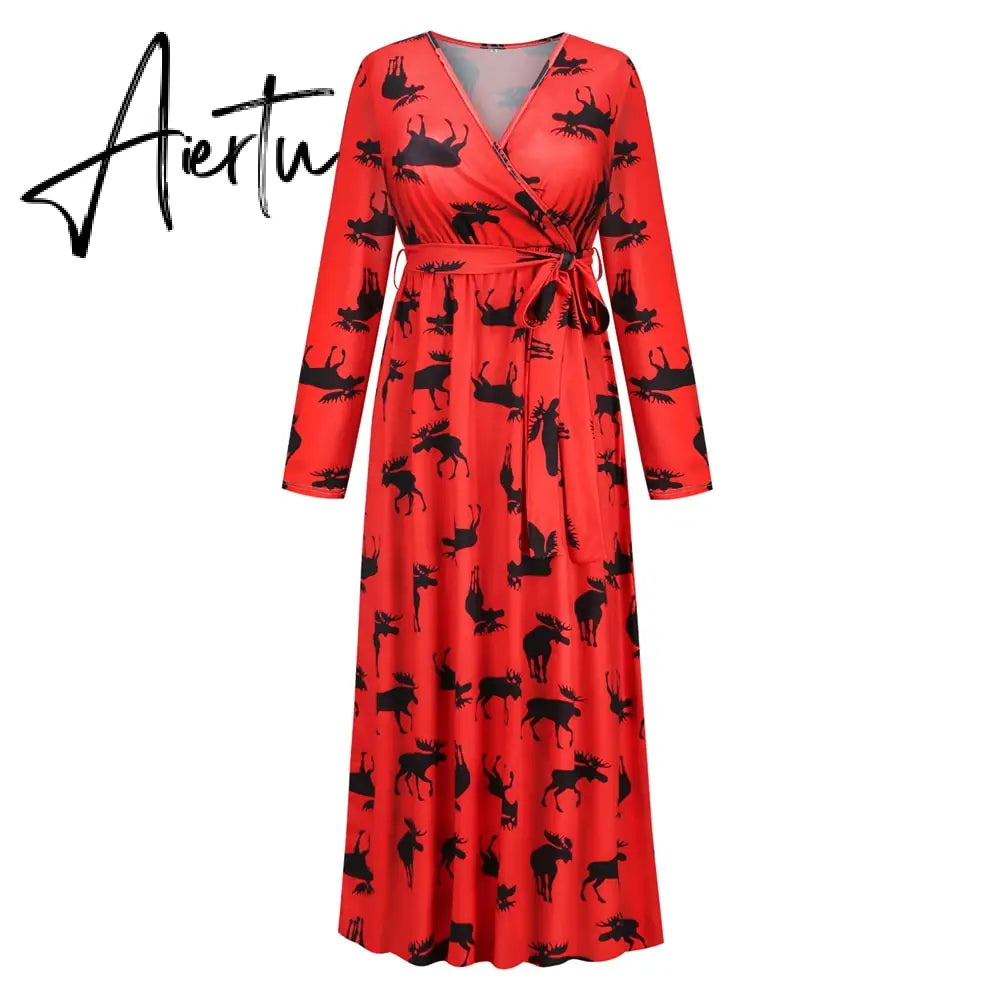 Christmas Print Long Dress for Women Autumn V-neck Knitting  A-LINE Belt Slim Ankle-Length Aiertu