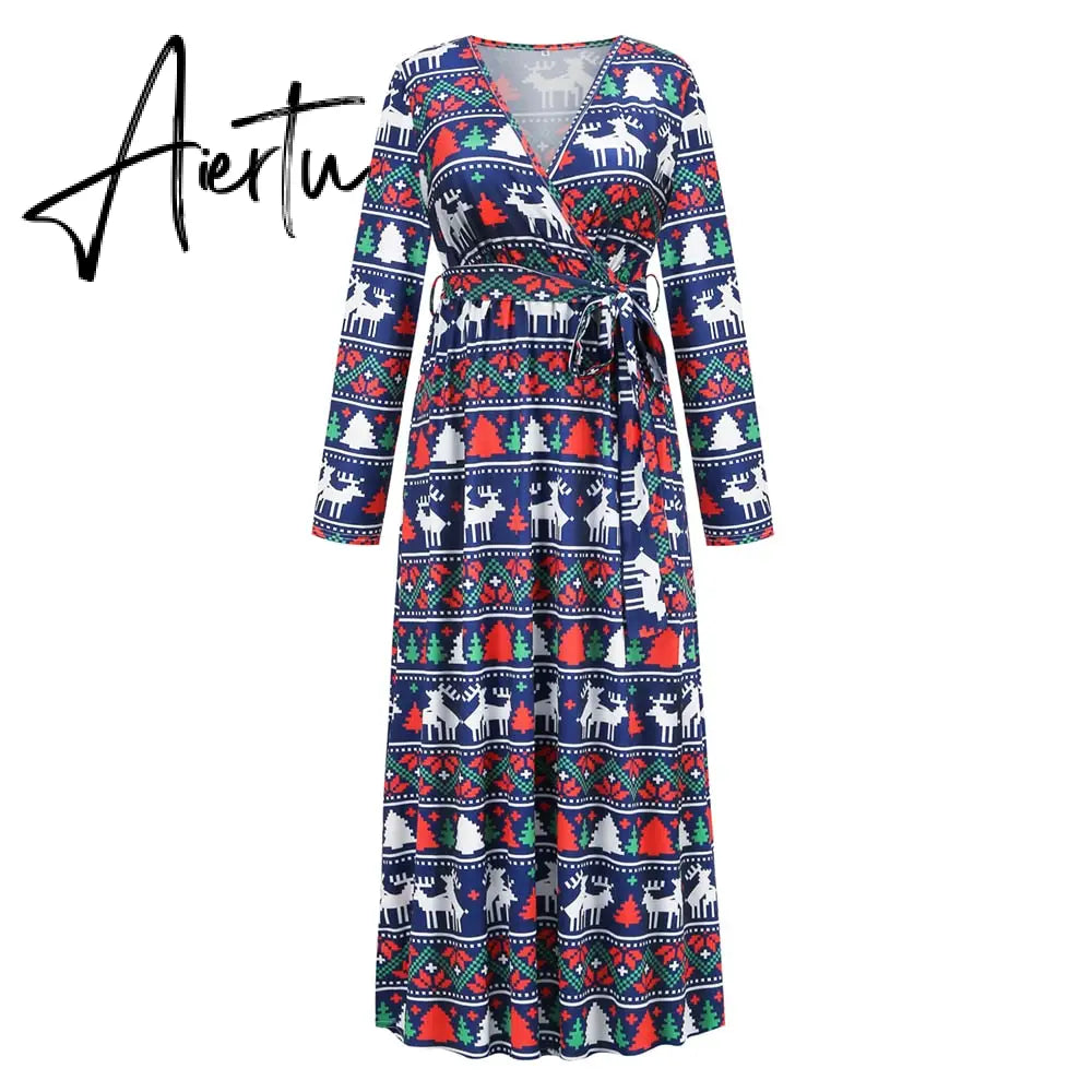 Christmas Print Long Dress for Women Autumn V-neck Knitting  A-LINE Belt Slim Ankle-Length Aiertu