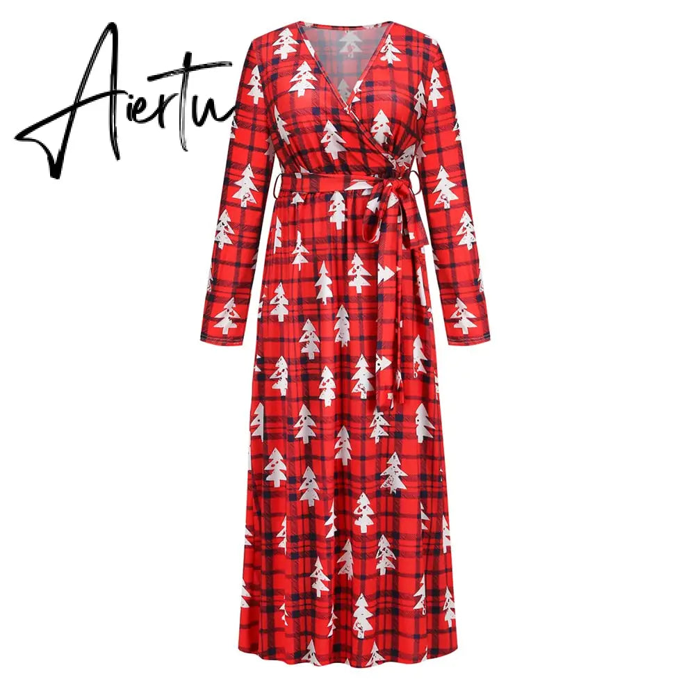 Christmas Print Long Dress for Women Autumn V-neck Knitting  A-LINE Belt Slim Ankle-Length Aiertu