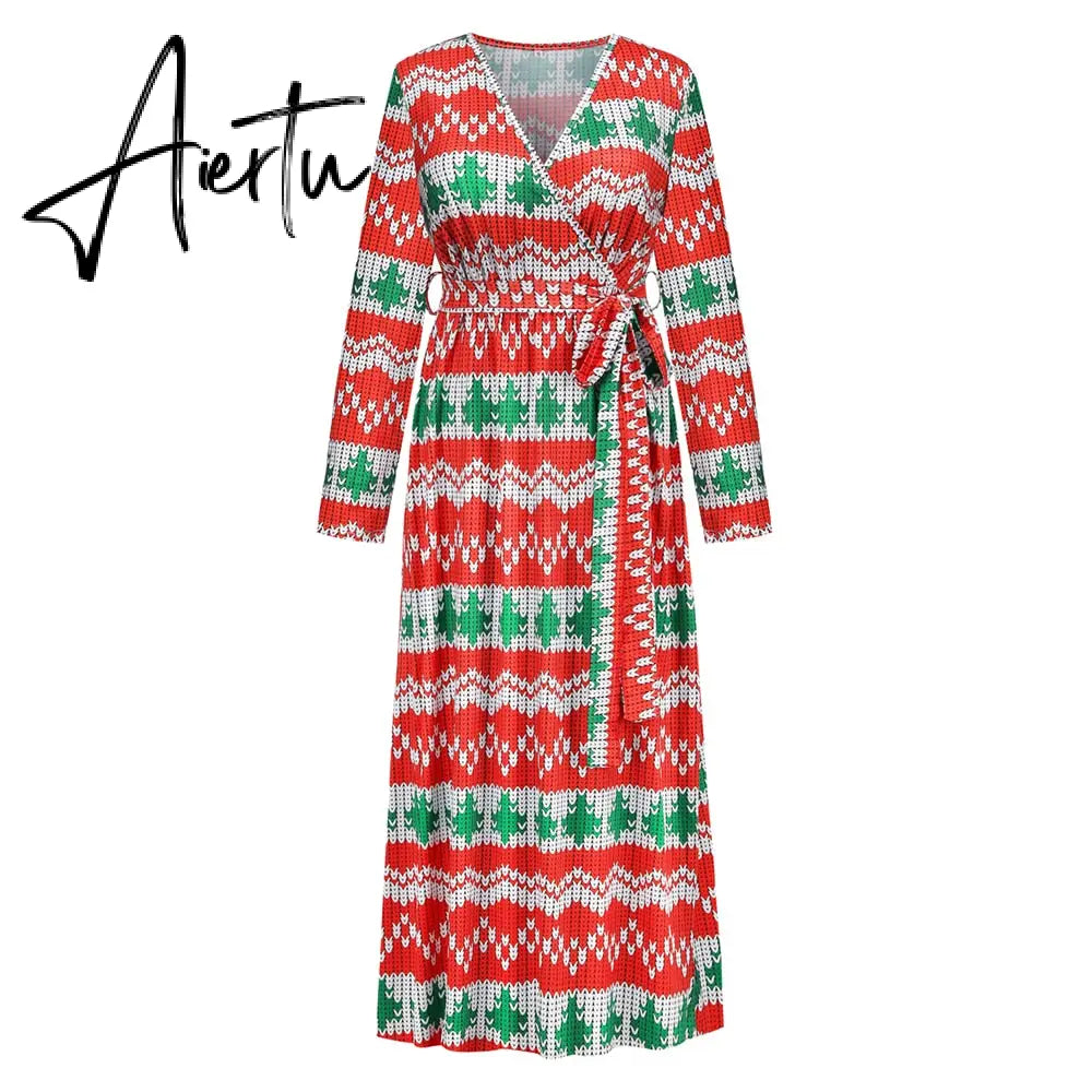 Christmas Print Long Dress for Women Autumn V-neck Knitting  A-LINE Belt Slim Ankle-Length Aiertu