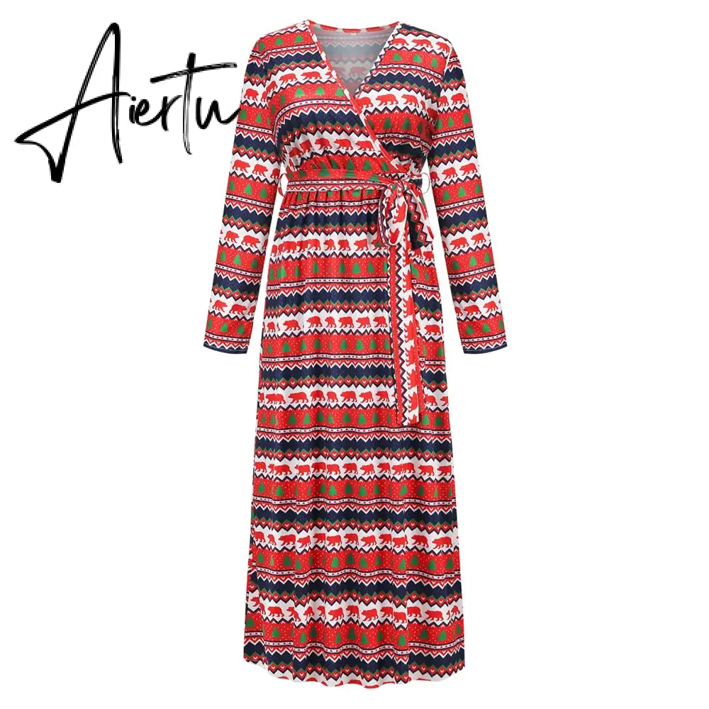 Christmas Print Long Dress for Women Autumn V-neck Knitting  A-LINE Belt Slim Ankle-Length Aiertu