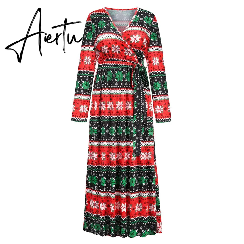 Christmas Print Long Dress for Women Autumn V-neck Knitting  A-LINE Belt Slim Ankle-Length Aiertu