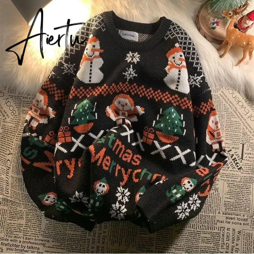 Christmas sweater women loose outer wear autumn and winter tide brand new men and women all-match casual lazy knit sweater New Year Aiertu