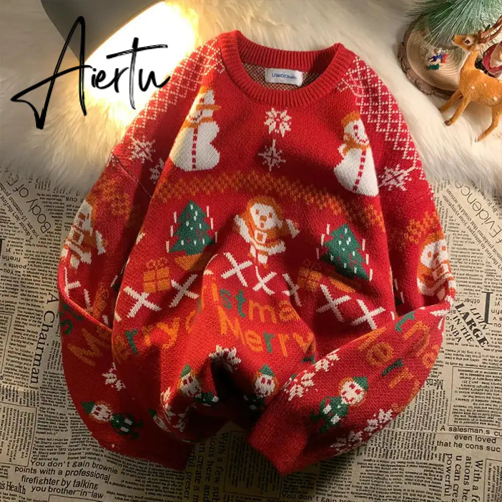 Christmas sweater women loose outer wear autumn and winter tide brand new men and women all-match casual lazy knit sweater New Year Aiertu