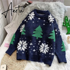 Christmas sweater women loose outer wear autumn and winter tide brand new men and women all-match casual lazy knit sweater New Year Aiertu