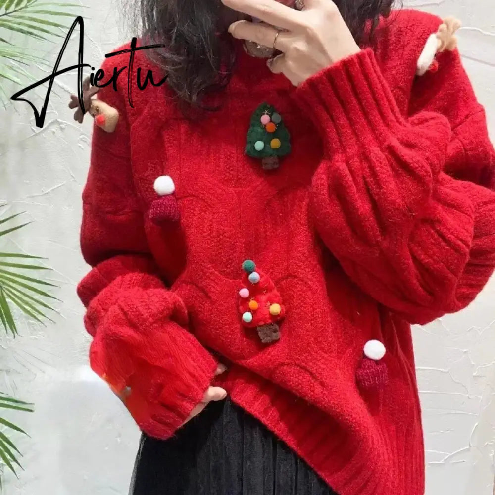 Christmas Tree Appliques Loose Pullovers Women O-neck Long Sleeve Knitted Sweaters Female Autumn Winter New Arrival Pull Femme New Year Aiertu