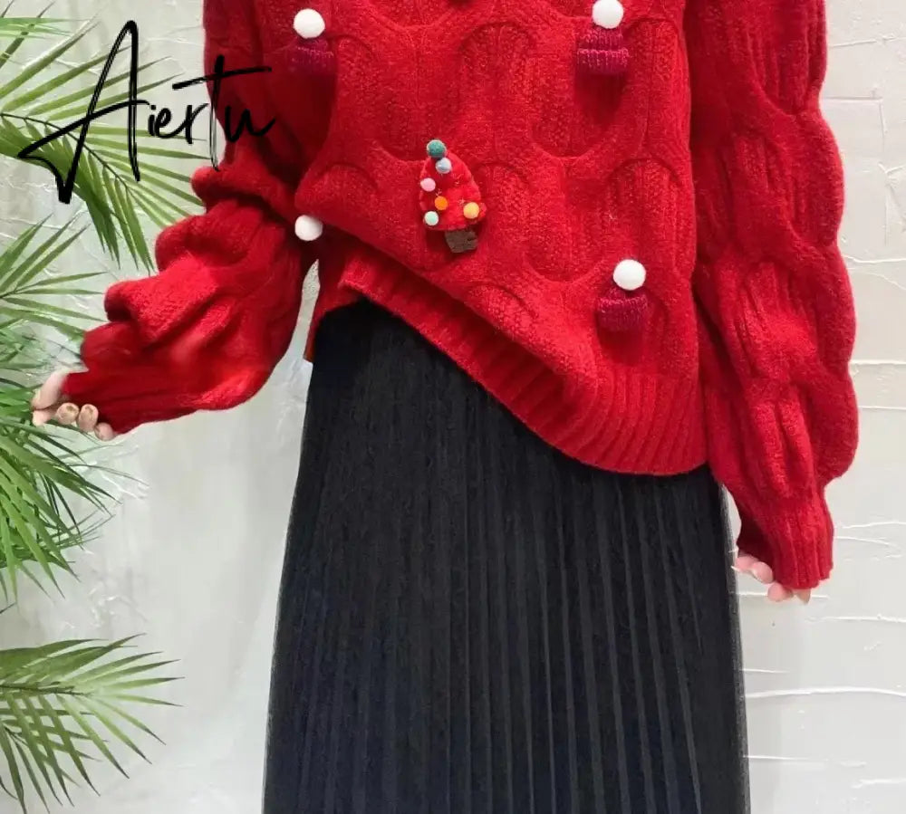 Christmas Tree Appliques Loose Pullovers Women O-neck Long Sleeve Knitted Sweaters Female Autumn Winter New Arrival Pull Femme New Year Aiertu