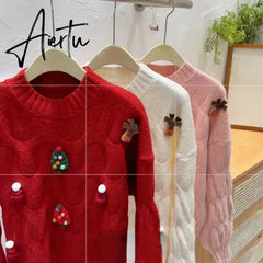 Christmas Tree Appliques Loose Pullovers Women O-neck Long Sleeve Knitted Sweaters Female Autumn Winter New Arrival Pull Femme New Year Aiertu