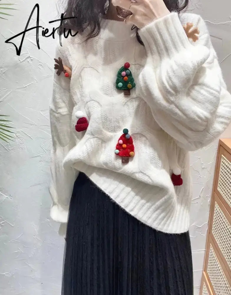 Christmas Tree Appliques Loose Pullovers Women O-neck Long Sleeve Knitted Sweaters Female Autumn Winter New Arrival Pull Femme New Year Aiertu