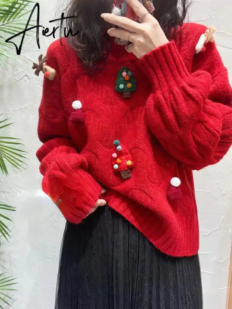 Christmas Tree Appliques Loose Pullovers Women O-neck Long Sleeve Knitted Sweaters Female Autumn Winter New Arrival Pull Femme New Year Aiertu