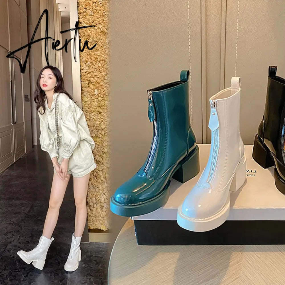 Classic Front Zipper Cow Patent Leather Women Ankle Boots Platform Thick High Heel Shoes Women Female Riding Boots Autumn Winter Aiertu