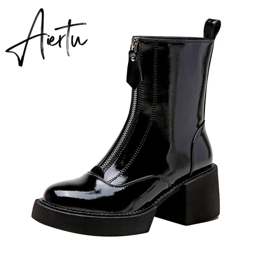 Classic Front Zipper Cow Patent Leather Women Ankle Boots Platform Thick High Heel Shoes Women Female Riding Boots Autumn Winter Aiertu