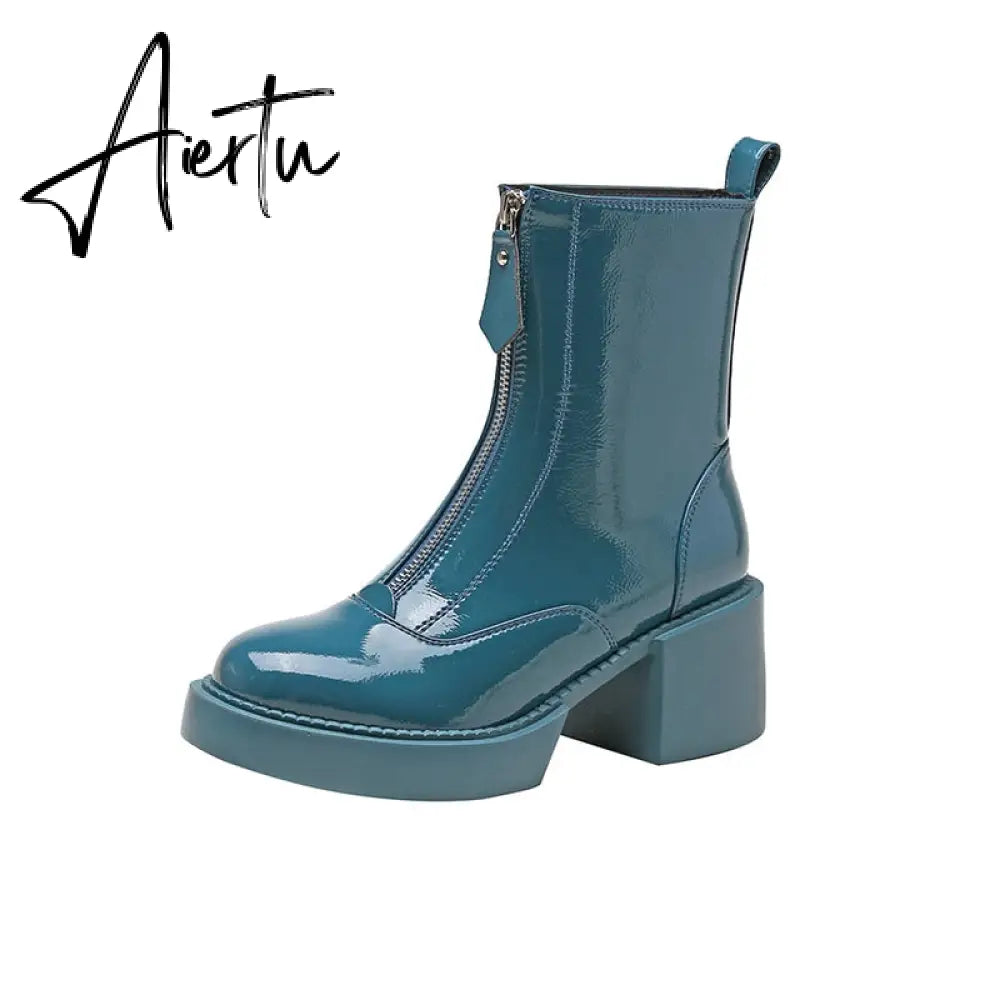Classic Front Zipper Cow Patent Leather Women Ankle Boots Platform Thick High Heel Shoes Women Female Riding Boots Autumn Winter Aiertu