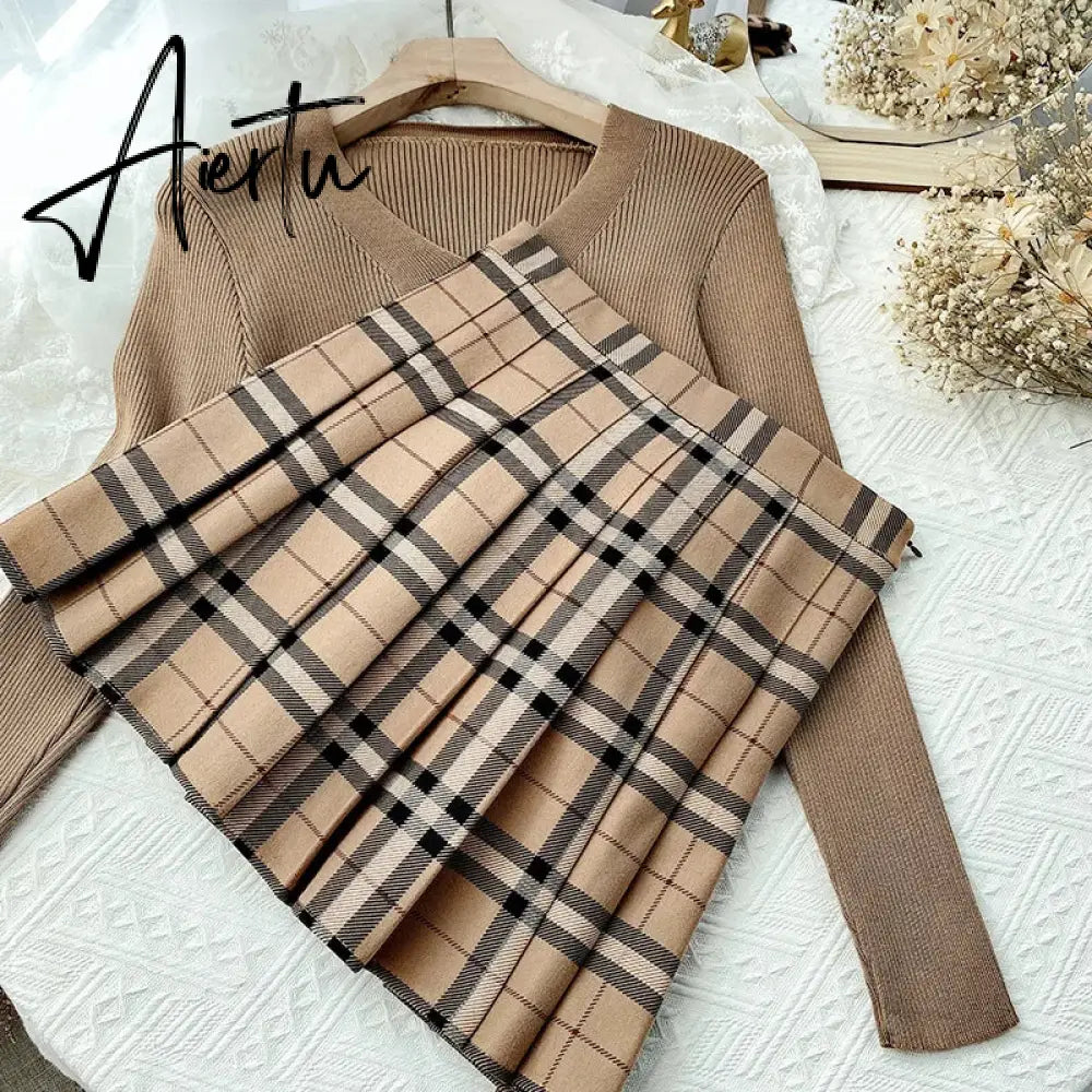 Contrast Color Plaid Striped Skirt Korean Version of Pleated Skirt Autumn High Waist A Line Plaid Mini Skirt Student Style Sweet Aiertu