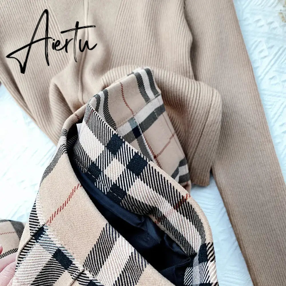 Contrast Color Plaid Striped Skirt Korean Version of Pleated Skirt Autumn High Waist A Line Plaid Mini Skirt Student Style Sweet Aiertu