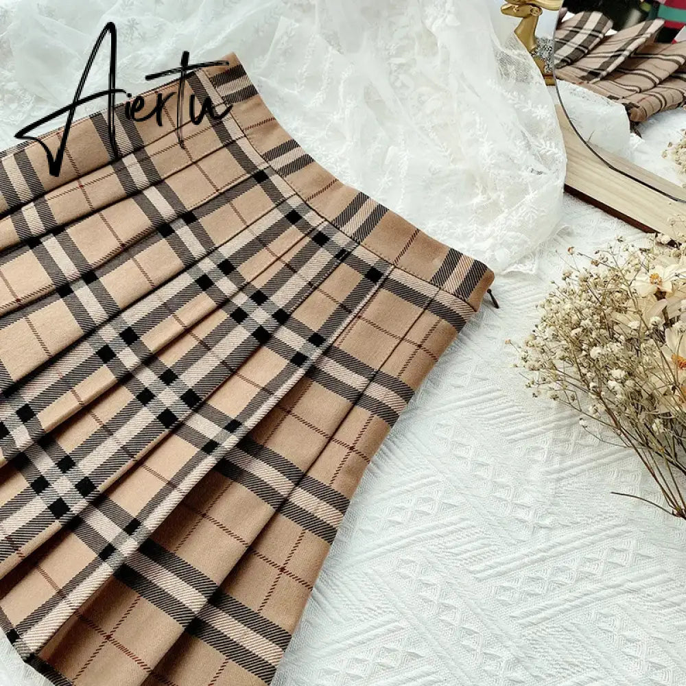 Contrast Color Plaid Striped Skirt Korean Version of Pleated Skirt Autumn High Waist A Line Plaid Mini Skirt Student Style Sweet Aiertu