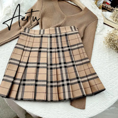 Contrast Color Plaid Striped Skirt Korean Version of Pleated Skirt Autumn High Waist A Line Plaid Mini Skirt Student Style Sweet Aiertu