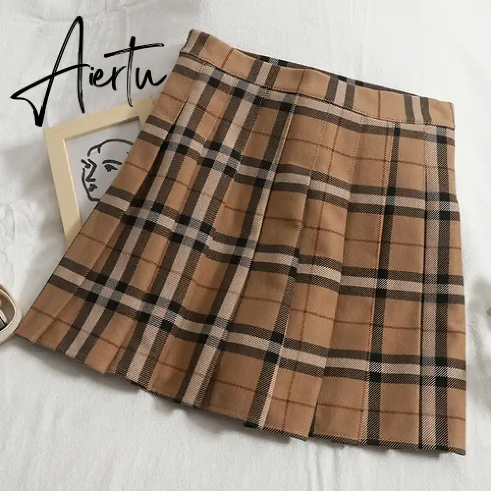 Contrast Color Plaid Striped Skirt Korean Version of Pleated Skirt Autumn High Waist A Line Plaid Mini Skirt Student Style Sweet Aiertu