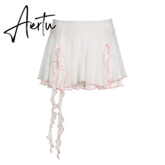 Contrast Ruffles Split Pleated Skirt Bow Patchwork Low Rise Loose A-line Mini Skirts Women Fairycore Y2k Aesthetic Cloth Aiertu