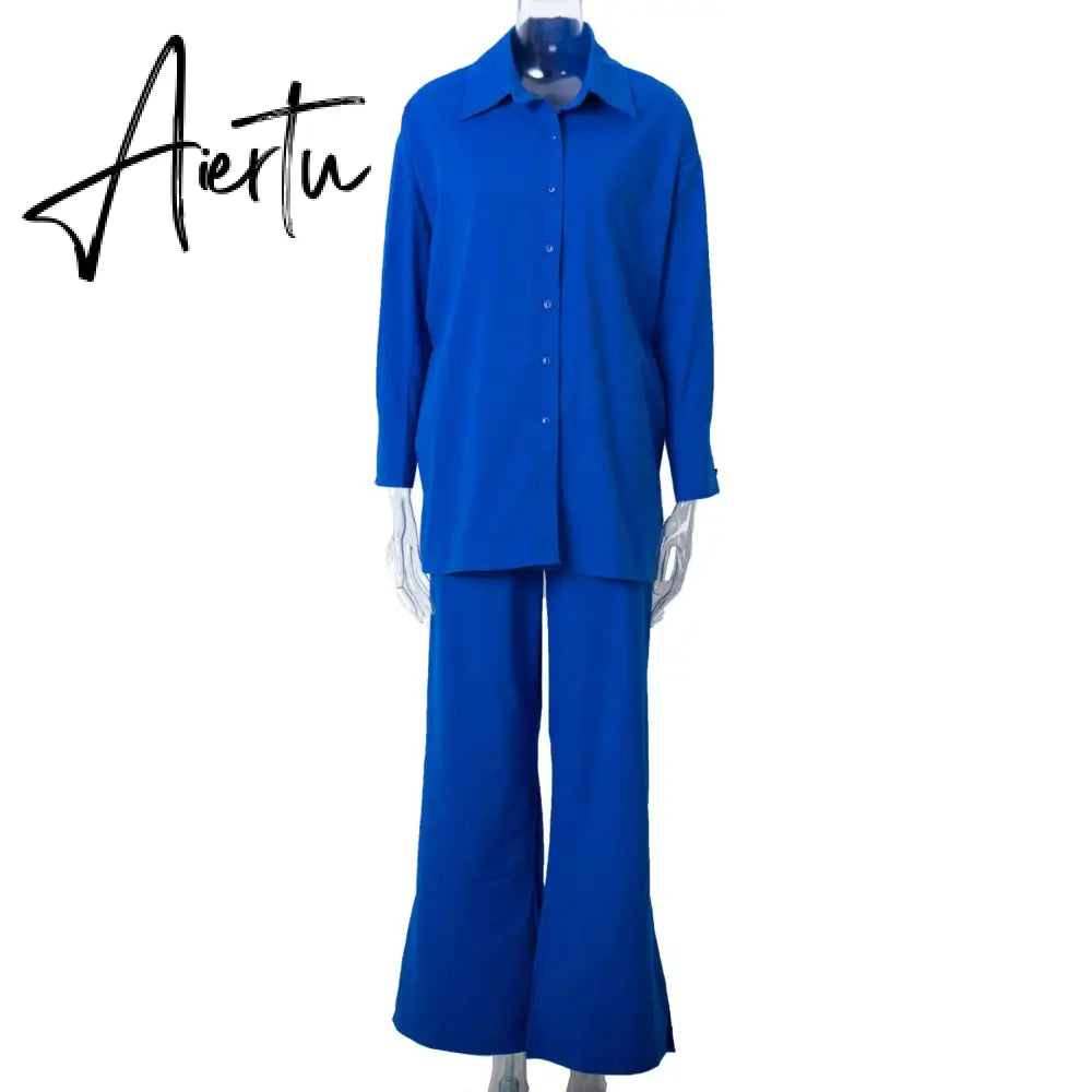 Cotton Homewear Shirt Long Pants 2 Piece Set Female Long Sleeve Shirt Suit High Waist Lace Up Slit Wide Leg Pants Set Aiertu