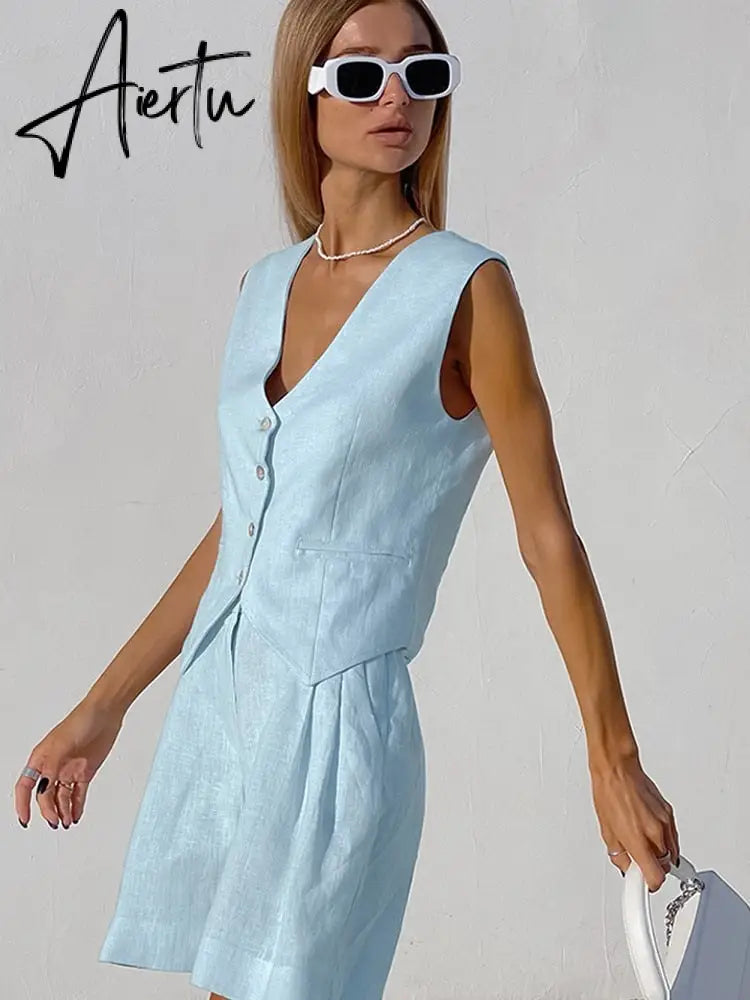 Cotton Linen Vest Shorts White Blue Sets Sleeveless Button V-neck Waistcoat 2 Pieces Set Womens Elegant Top Shorts Suits Aiertu