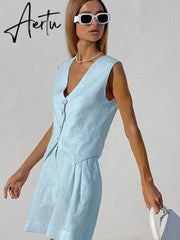 Cotton Linen Vest Shorts White Blue Sets Sleeveless Button V-neck Waistcoat 2 Pieces Set Womens Elegant Top Shorts Suits Aiertu
