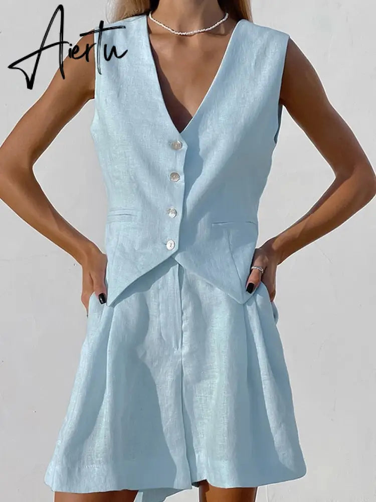 Cotton Linen Vest Shorts White Blue Sets Sleeveless Button V-neck Waistcoat 2 Pieces Set Womens Elegant Top Shorts Suits Aiertu