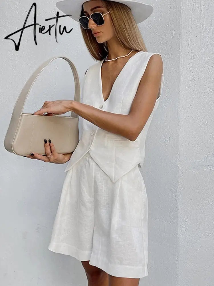 Cotton Linen Vest Shorts White Blue Sets Sleeveless Button V-neck Waistcoat 2 Pieces Set Womens Elegant Top Shorts Suits Aiertu