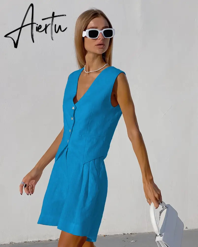 Cotton Linen Vest Shorts White Blue Sets Sleeveless Button V-neck Waistcoat 2 Pieces Set Womens Elegant Top Shorts Suits Aiertu