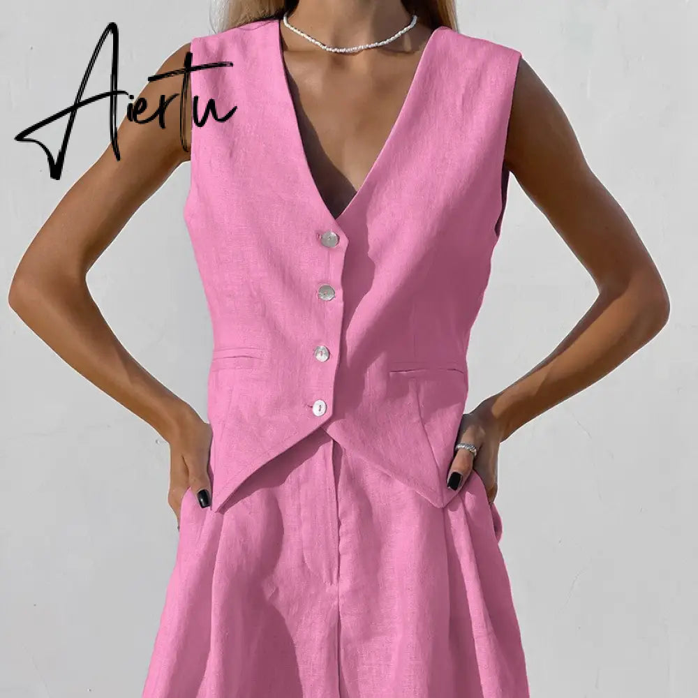 Cotton Linen Vest Shorts White Blue Sets Sleeveless Button V-neck Waistcoat 2 Pieces Set Womens Elegant Top Shorts Suits Aiertu