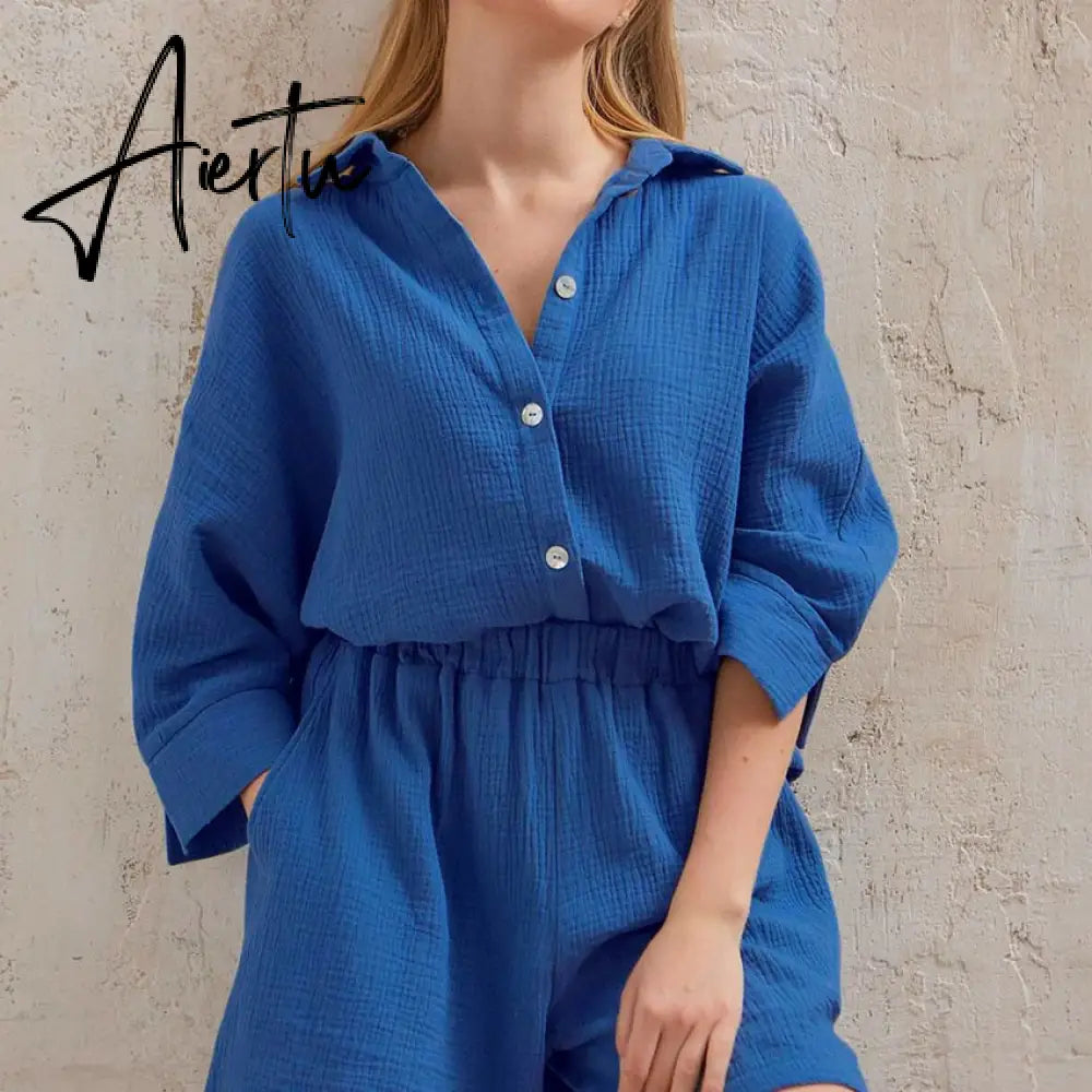 Cotton Pajamas For Women Sets Suit Casual Sleepwear Turn-Down Collar Nine Quarter Sleeve Sleep Tops Shorts Female Homewear Aiertu